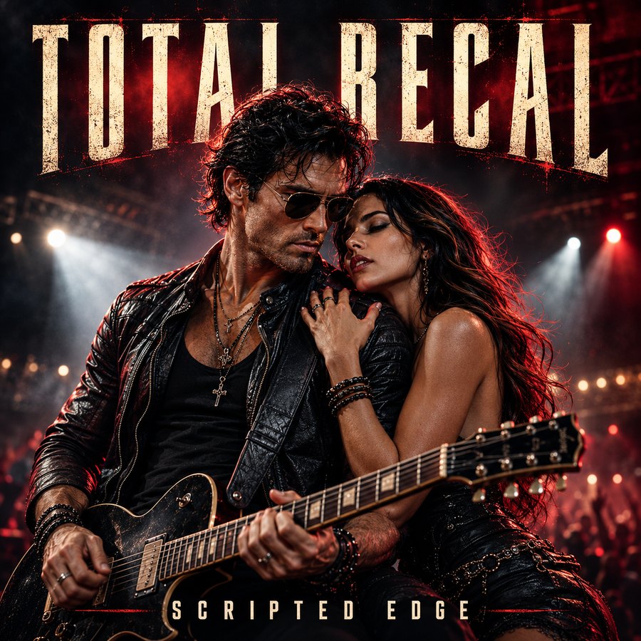 The Total Recall release artwork: the rock star in aviators and the woman leaning on his shoulder.