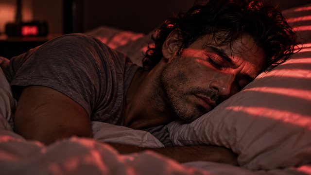 Him asleep at night, red light across his eyes.