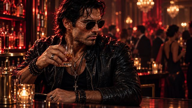 Him alone at the bar in his aviators, whisky in hand.